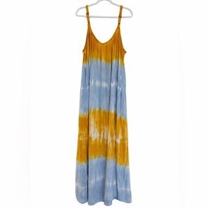 Knox Rose Tie-Dye Maxi Dress Mustard Blue Adjustable Straps Pockets XXL